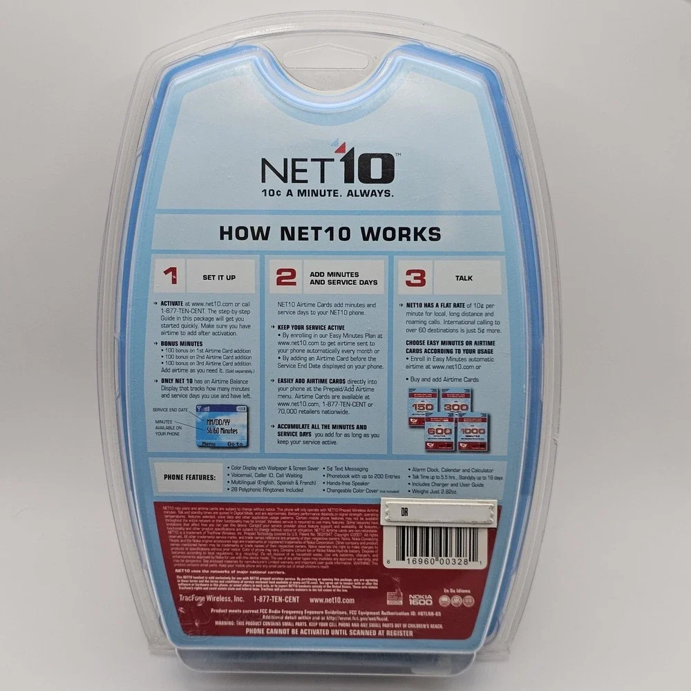 Net 10 Wireless‎ Cell Phone Nokia 1600 Basic Prepaid Cell Phone Retro New Sealed
